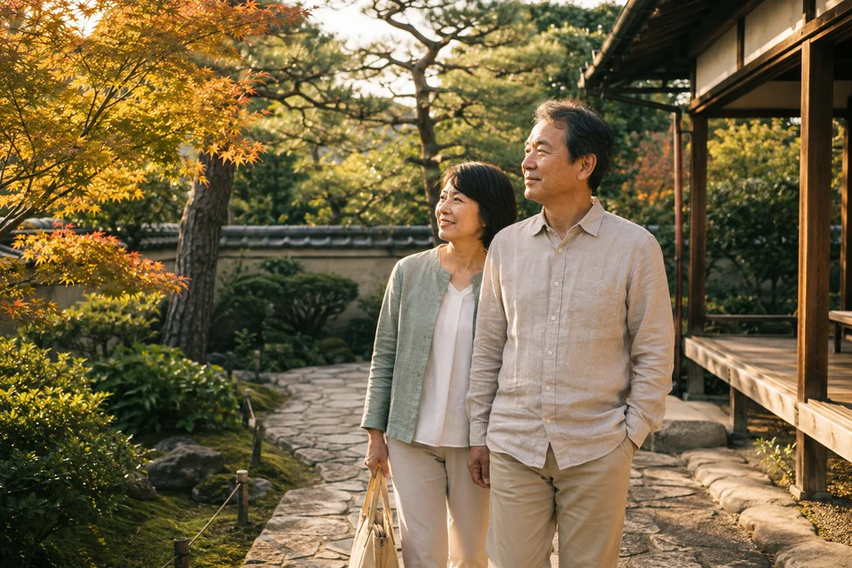 木漏れ日の日本庭園で、これからの日々を楽しむ二人のイメージ